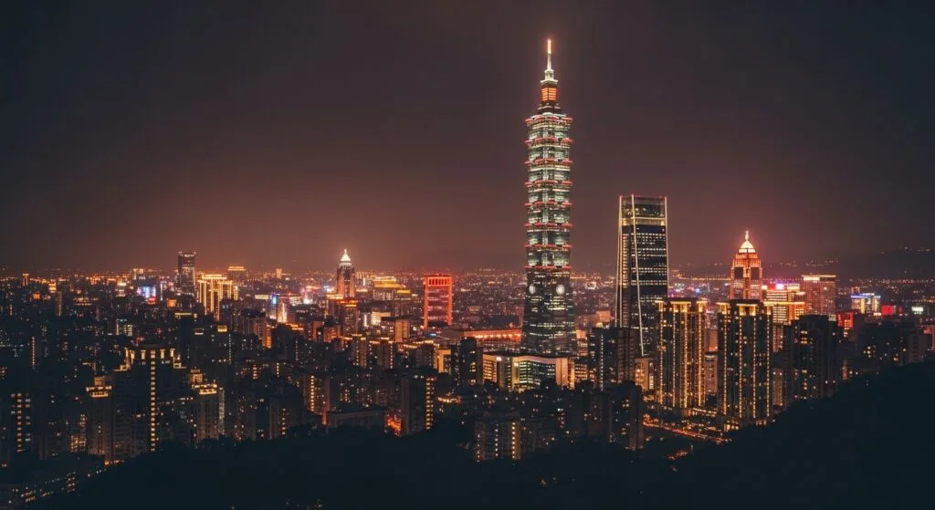 Mickey 公仔在夜晚的台北市景中