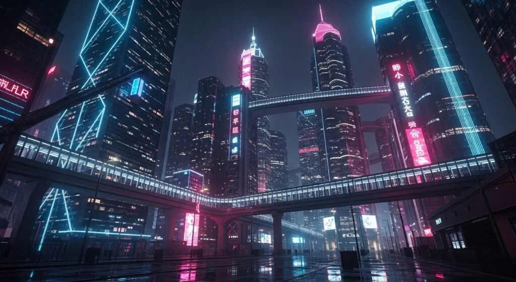 盲盒科幻 cyberpunk 風的城市風景