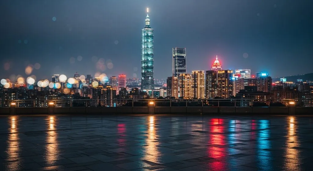 崩壞系列的公仔在台北的夜景中，展現出獨特的魅力