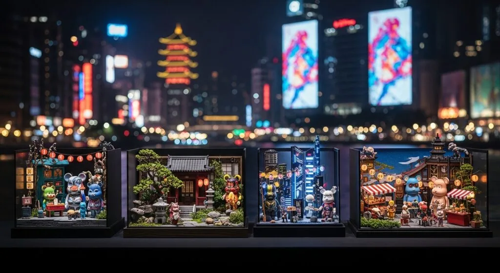 潮玩美術館夜景，展現設計師玩具的藝術深度