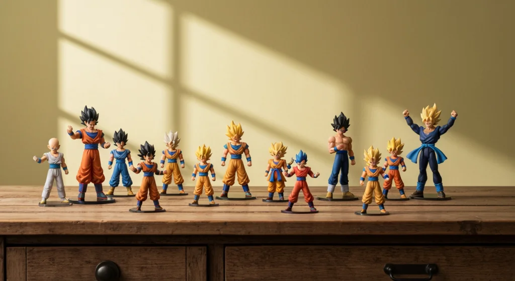 Dragon Ball 公仔與盲盒系列在木質書桌上的收藏指南情境圖