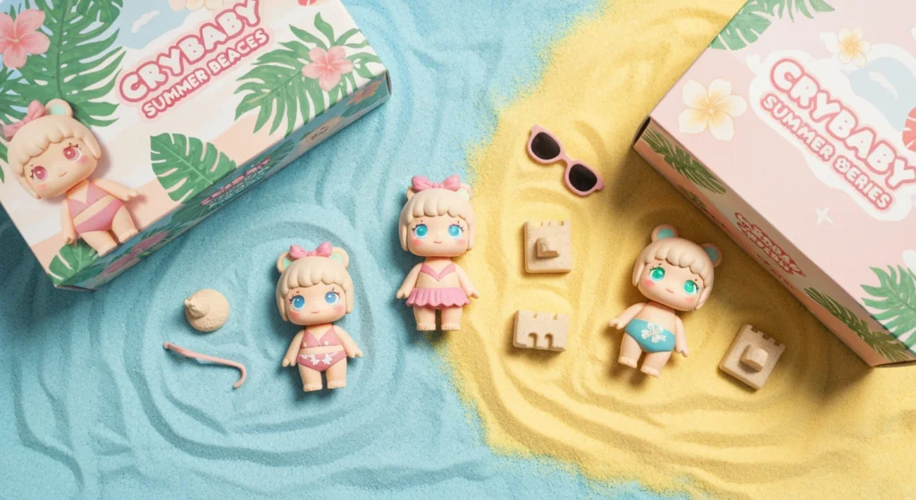 Crybaby 夏日海灘系列盲盒公仔平放於沙灘背景上，展現了多款設計