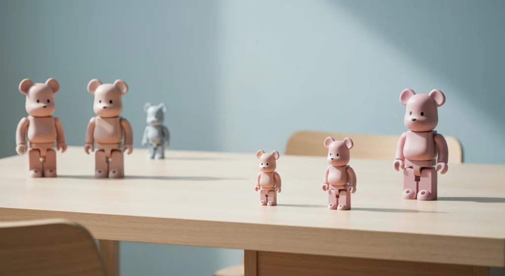 數款不同設計的 KIDROBOT Bear 收藏陳列在木桌上