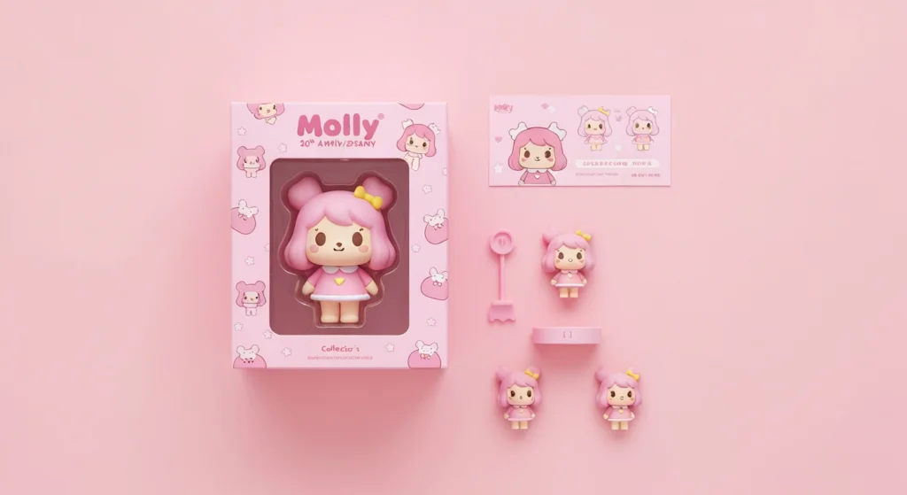 Molly 20週年紀念公仔與其盲盒包裝平鋪攝影