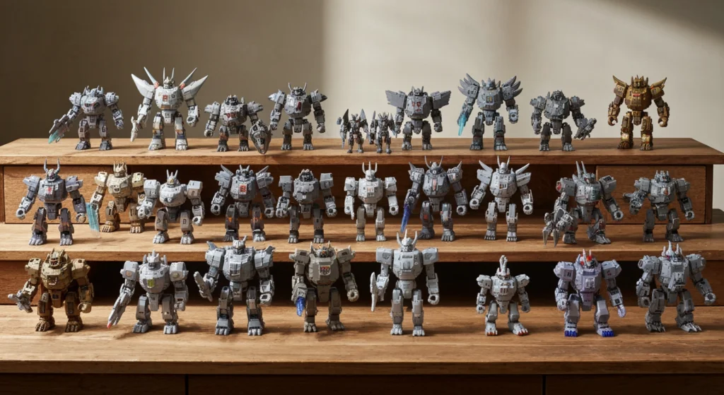 展示在木桌上的一系列 52TOYS 猛獸匣 Beastbox 玩具，包含方塊與動物型態