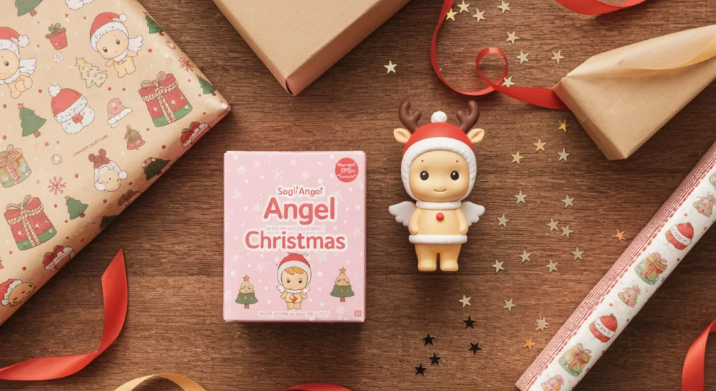 Sonny Angel Christmas 系列開箱俯拍圖，一個戴著麋鹿帽的天使娃娃放在禮物包裝紙上