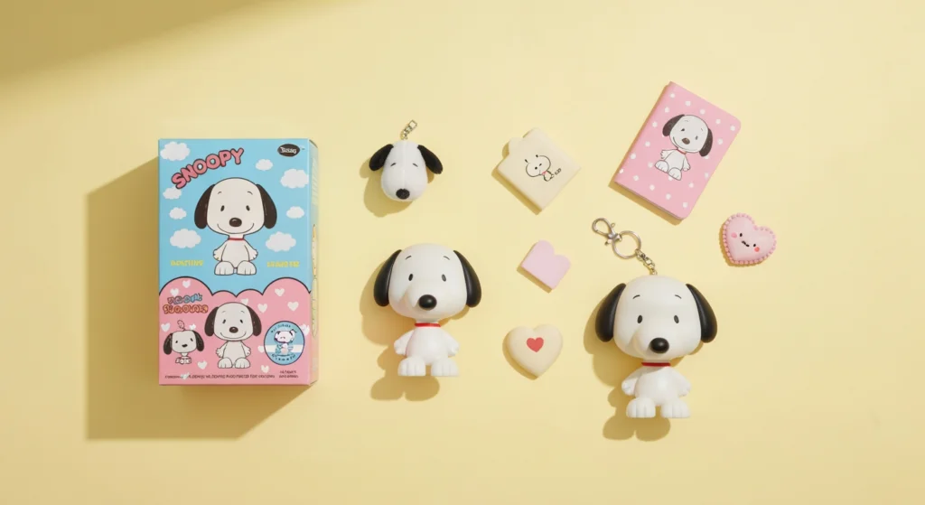 Snoopy 盲盒公仔與其包裝盒的平拍圖，呈現開箱後的收藏樂趣