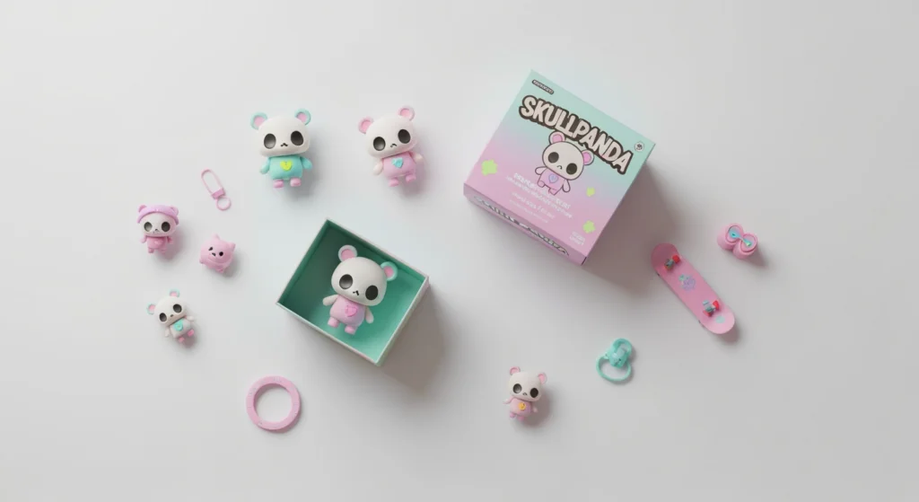 SKULLPANDA 怪味系列盲盒開箱俯瞰圖，展示了精緻的包裝與配件