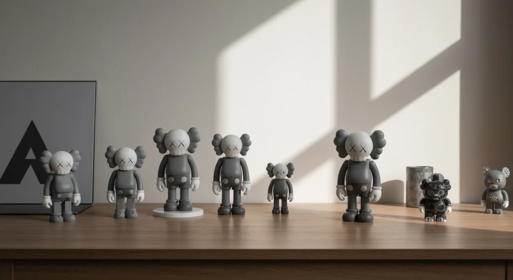 KAWS 投資價值分析，桌上展示著一個灰色的 KAWS Companion 公仔