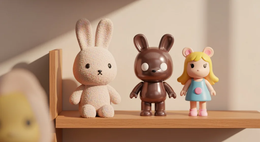 BUNNY 奶油兔、Labubu 與 Molly 公仔並列於木架上，呈現不同設計風格與材質的比較