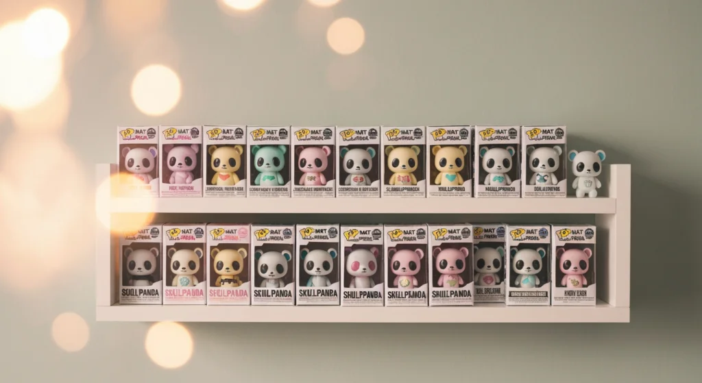 數盒 POP MART SKULLPANDA 盲盒陳列在白色架上