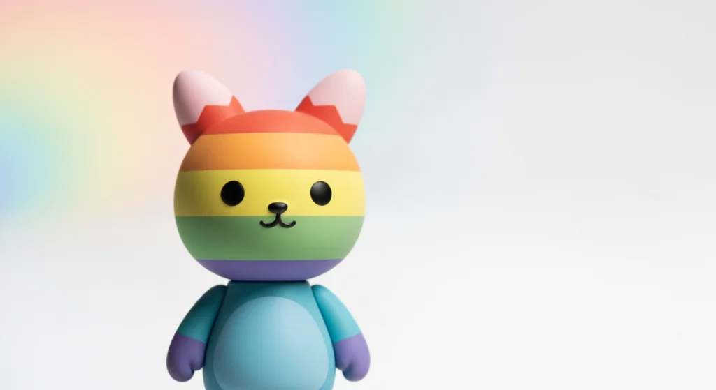POP MART Dimoo Rainbow 系列公仔在純白背景前的特寫，展示其彩虹漸層細節與保養後的潔淨外觀