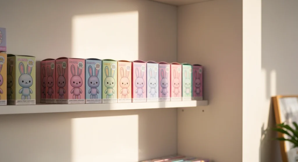 數個 POP MART BUNNY 系列盲盒整齊排列在白色架子上
