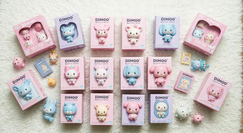 Dimoo Bedtime Story 系列聯名款公仔與其盲盒包裝俯拍圖