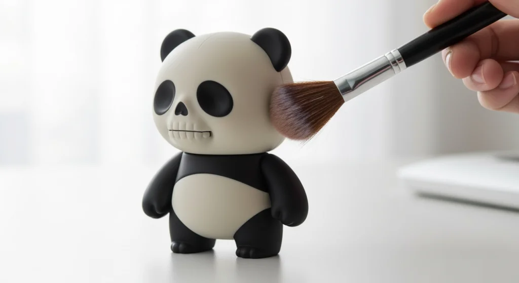 使用軟毛刷清潔 SKULLPANDA Ancient 公仔的特寫畫面