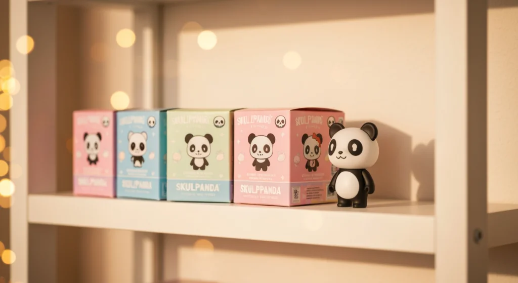 POP MART SKULLPANDA PTT 評價：SKULLPANDA 公仔與盲盒在簡約層架上的收藏展示