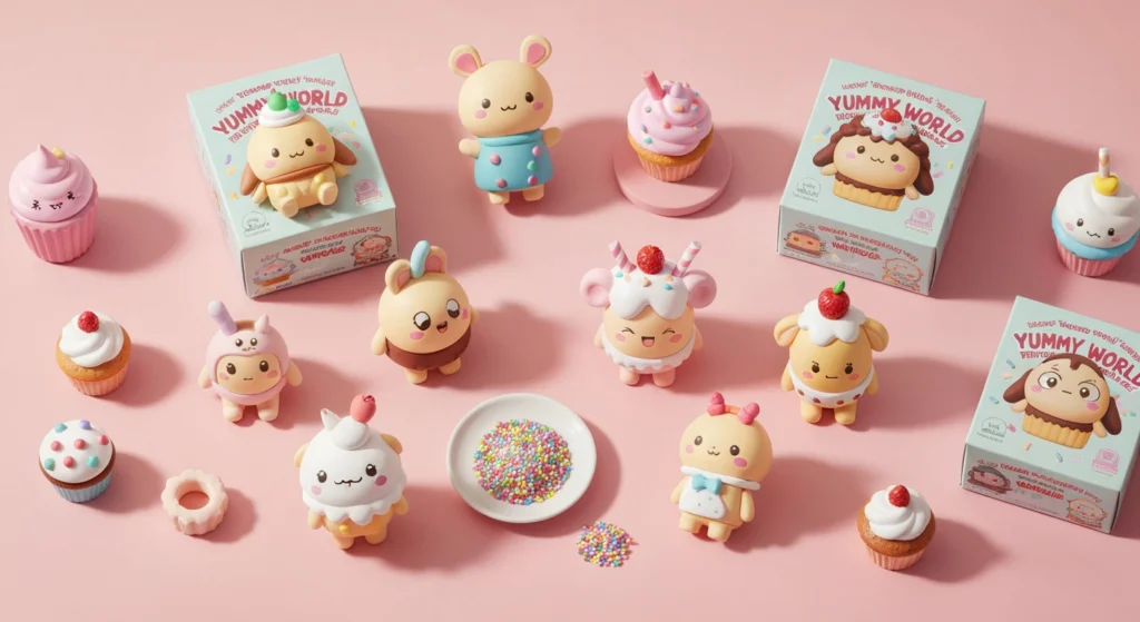 KIDROBOT Yummy 盲盒系列開箱場景，桌上散落著可愛的食物造型公仔與包裝盒