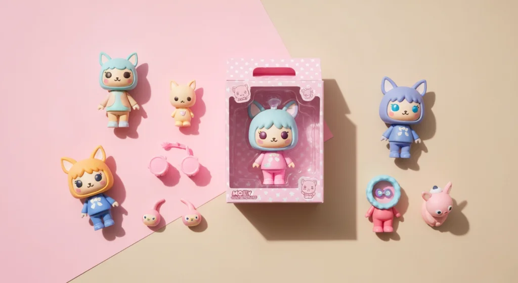 Molly 聯名系列盲盒開箱俯瞰圖，旁邊放有 Labubu 與 Crybaby 公仔作為比較