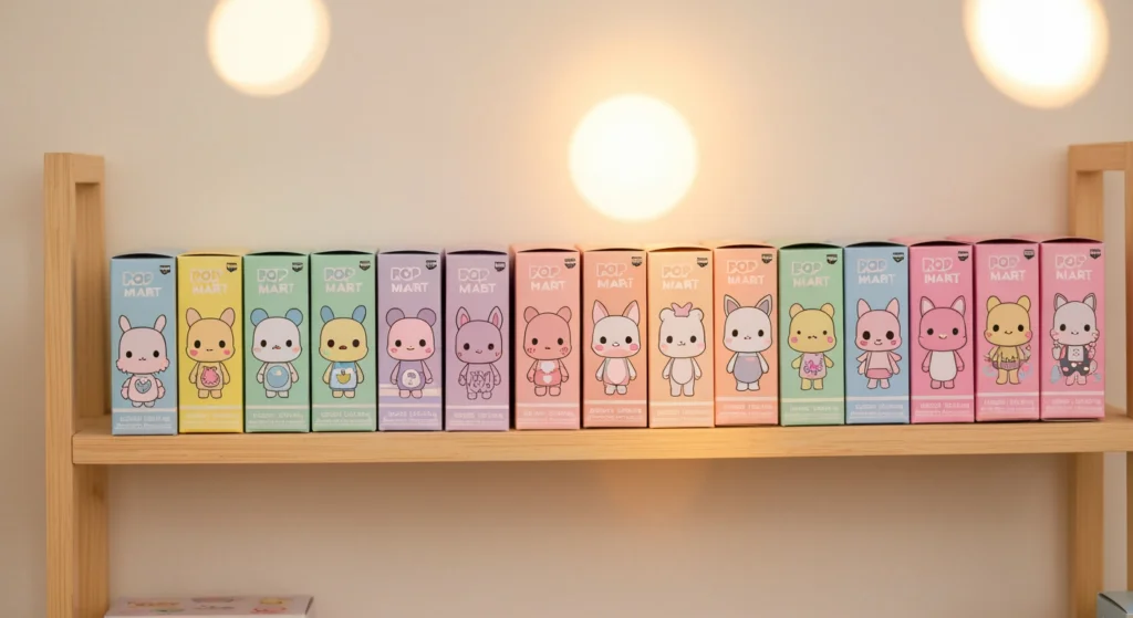 幾個 POP MART 盲盒整齊排列在木製層架上，解決 POP MART 抽不到怎麼辦的煩惱。