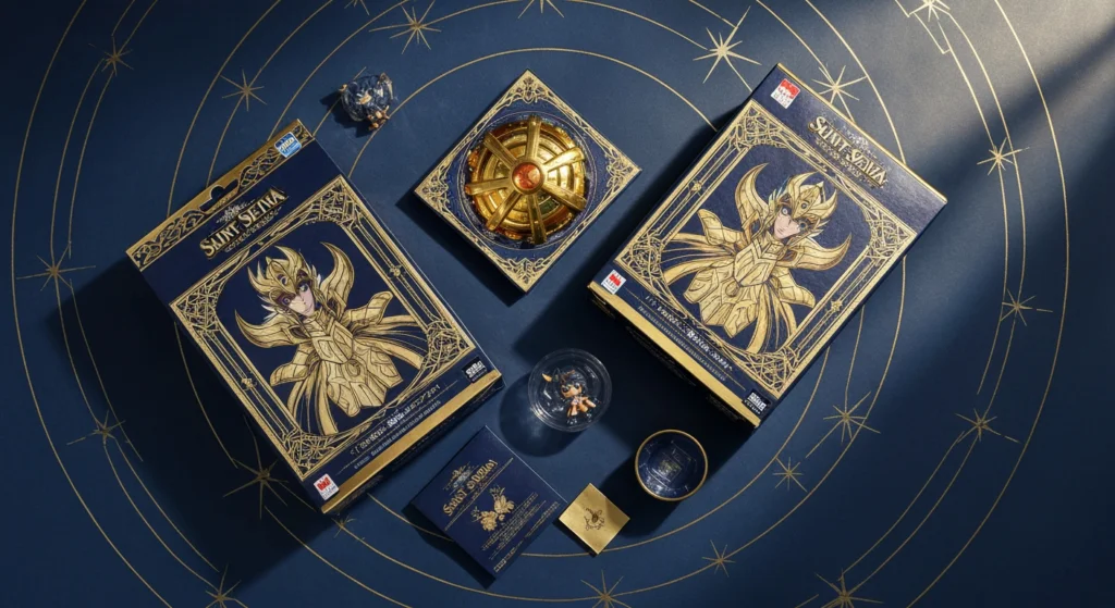 聖鬥士星矢系列盲盒公仔在星空圖背景下的開箱平拍圖