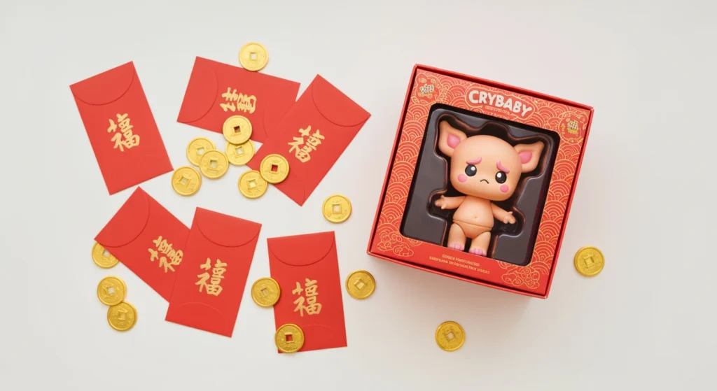 新年 Crybaby 限定款開箱平拍圖，旁邊有紅包與金色裝飾