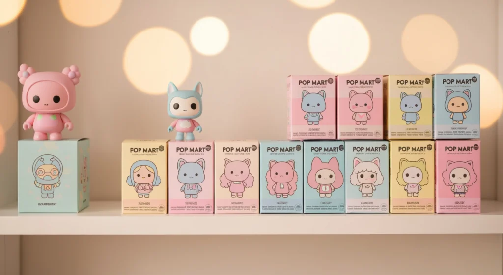 一個極簡風白色架子上，並排展示著 POP MART 盲盒與 KIDROBOT Dunny 公仔，呈現 POP MART vs KIDROBOT 的比較主題。