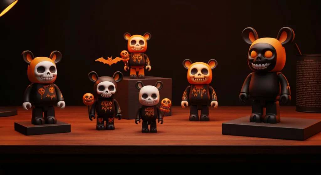萬聖節 SKULLPANDA 系列公仔在深色木桌上的合照