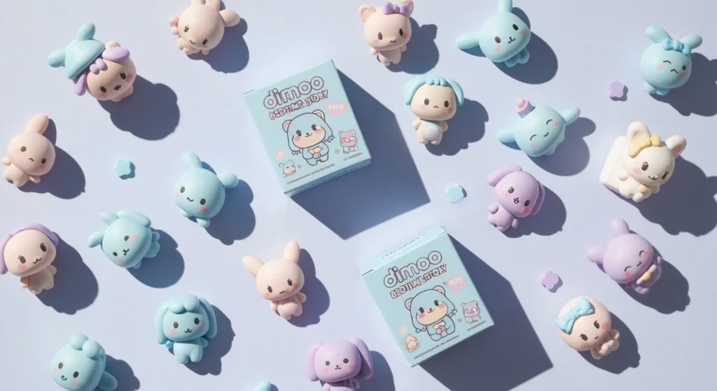 Dimoo Bedtime Story 系列盲盒開箱平拍圖，桌面上有數個公仔與包裝盒