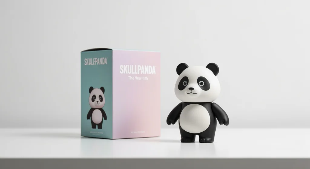 SKULLPANDA 甜酷系列公仔與其盲盒包裝陳列於桌面