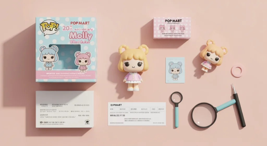 桌上並排展示正版與盜版的 Molly 20週年公仔、外盒與身份卡，用於比較真偽差異