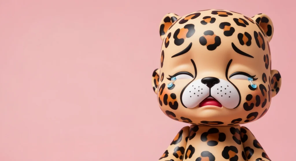 Crybaby 豹豹貓貓系列公仔特寫，在粉色背景前展現其可愛細節