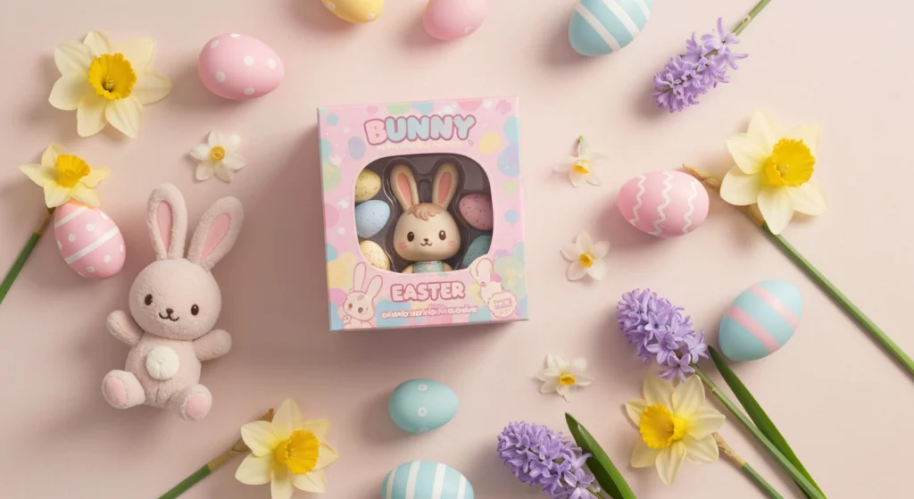BUNNY 復活節盲盒開箱場景，桌面上有公仔、配件與包裝盒