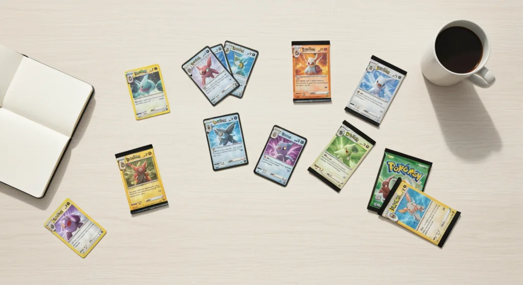 桌面上有許多 Pokémon TCG 寶可夢卡牌、補充包與筆記本，象徵正在研究寶可夢卡牌新手入門指南。