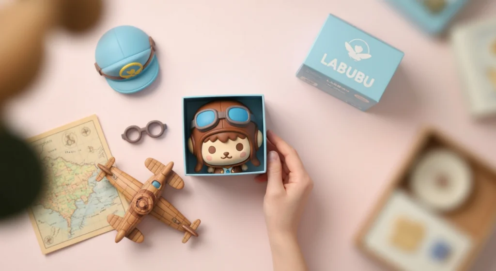 兒童節 Labubu 限定款開箱，飛行員造型的 Labubu 公仔與配件平放在桌上