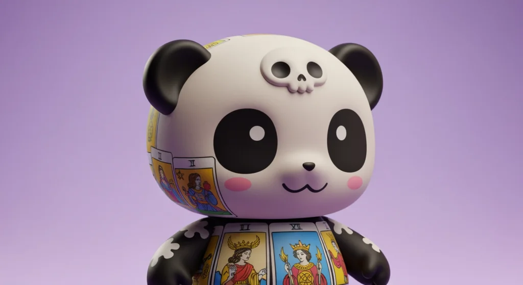 SKULLPANDA Tell Me What 系列公仔近照，背景為柔和紫色