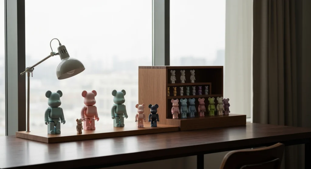 書桌上擺放著 Medicom Toy 的 BE@RBRICK 公仔收藏