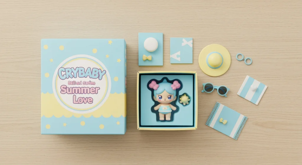 Crybaby 戀夏系列盲盒開箱俯瞰圖，展示著夏日主題的包裝與配件