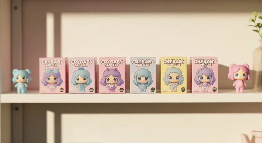 數盒 Crybaby 悲傷俱樂部系列盲盒陳列在白色架上，展示哪裡買得到此系列