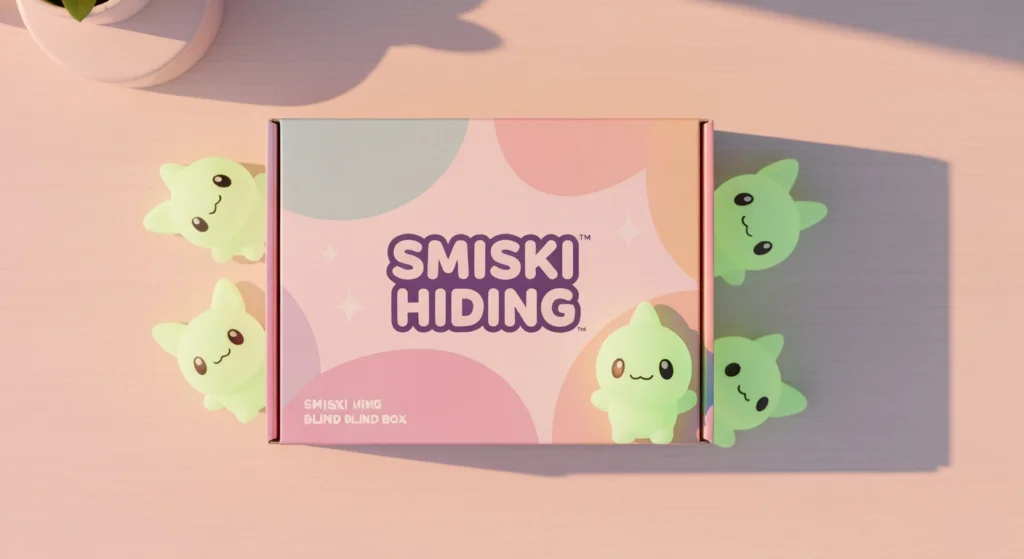 從上方俯瞰 Smiski Hiding 開箱場景，桌上有盲盒包裝與幾隻可愛的夜光 Smiski 公仔