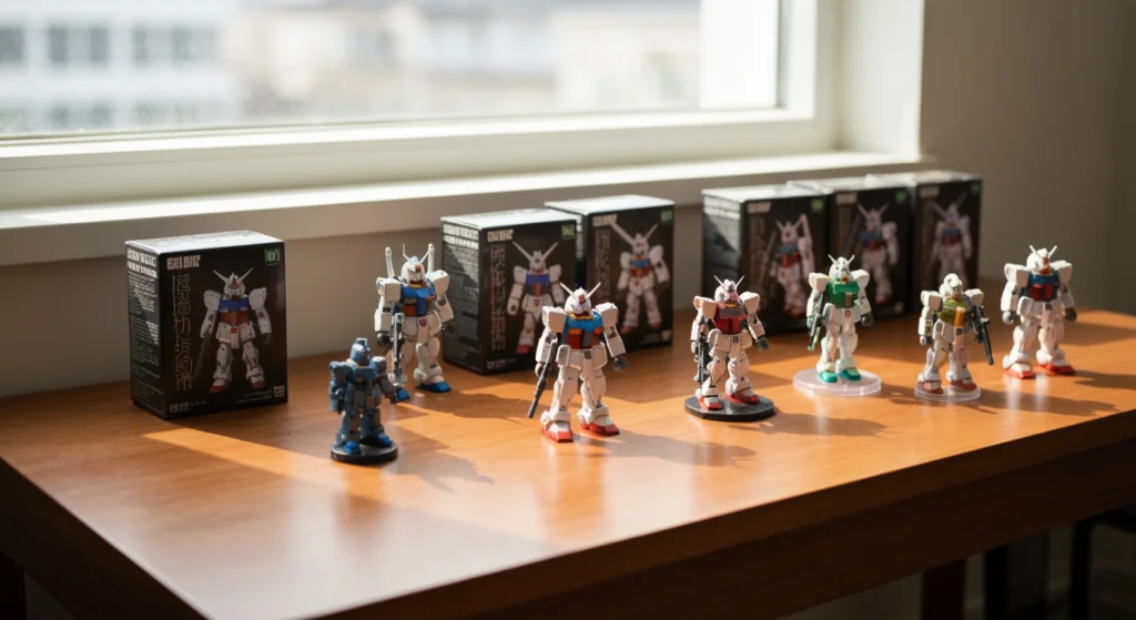 書桌上展示著高達 GUNDAM 公仔與盲盒收藏，呈現價格行情與收藏價值