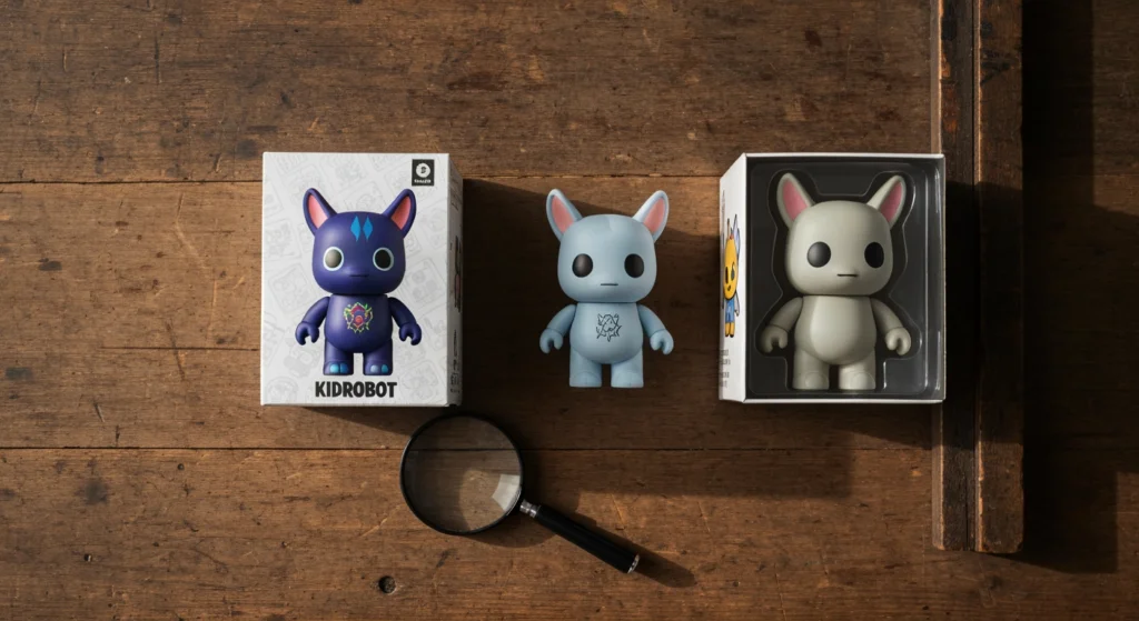 一張對比正版與盜版 KIDROBOT Dunny 的平拍圖，凸顯塗裝與包裝差異