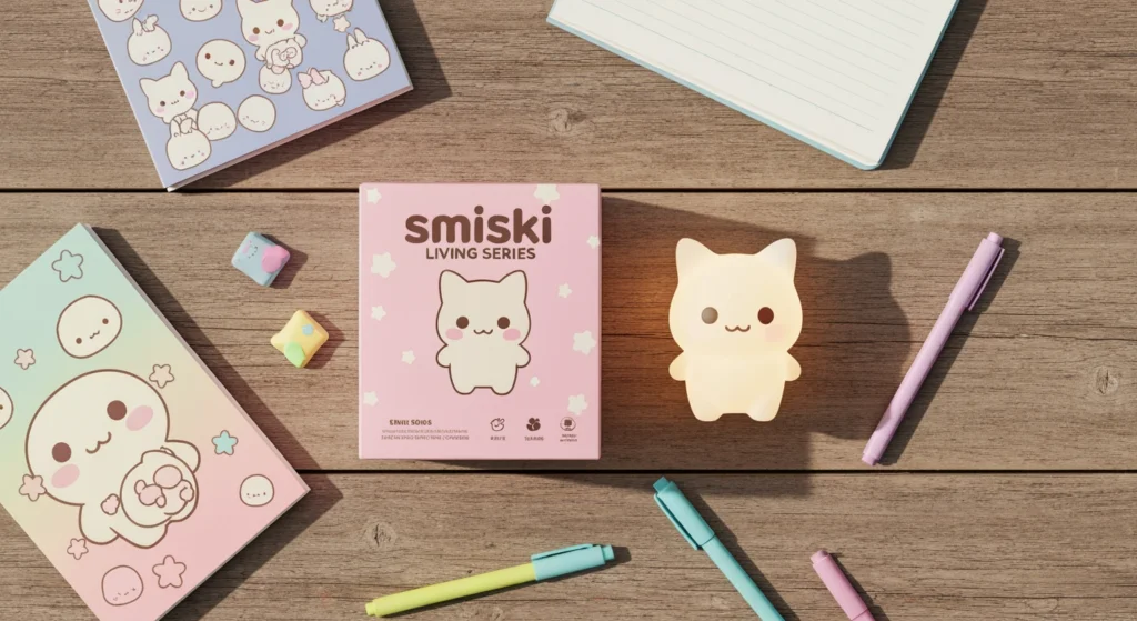 Smiski Living 系列盲盒開箱俯瞰圖，桌上有一隻夜光小精靈與包裝盒