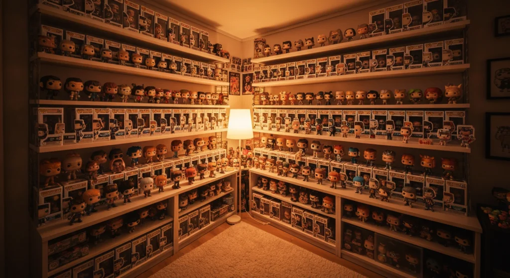 收藏家的房間，架上陳列著許多 Funko Pop 公仔