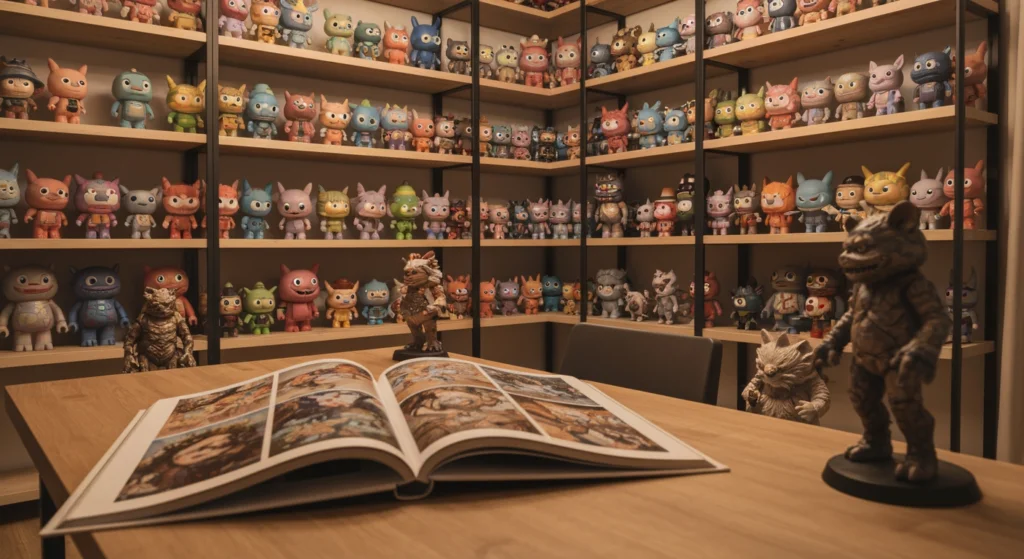 收藏家書架上展示著多款 Labubu The Monsters 設計師玩具