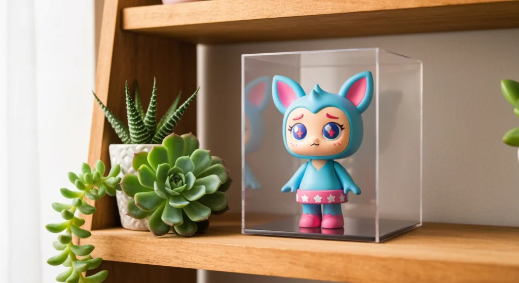 被妥善保存在壓克力展示盒中的 Crybaby Vacation Mode 公仔