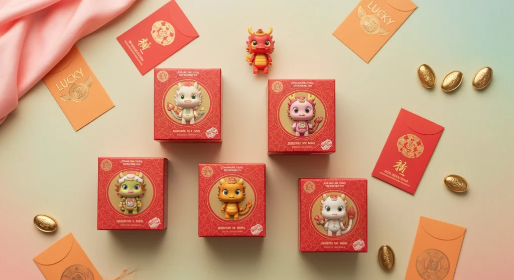 新年 POP MART 限定盲盒開箱，桌面上有紅色與金色的包裝盒與公仔