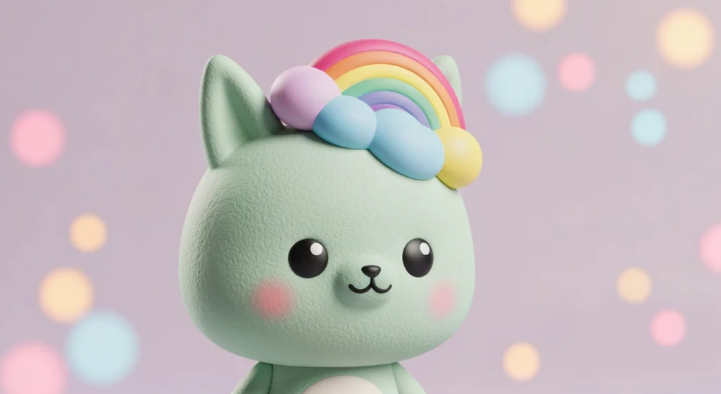 Dimoo Rainbow 系列公仔特寫，頭上頂著彩虹雲朵，背景柔和