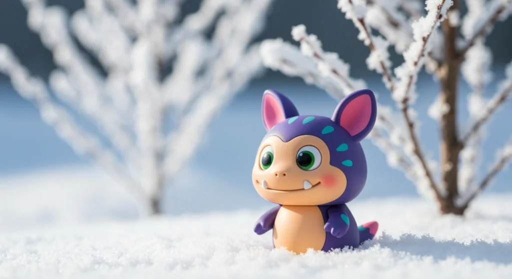 一位玩家正在為 Labubu 盲盒公仔進行雪景拍攝的場景