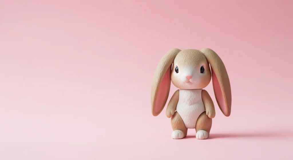 BUNNY 兔耳系列公仔近照，背景為柔和的粉色，突顯其靜謐療癒的設計