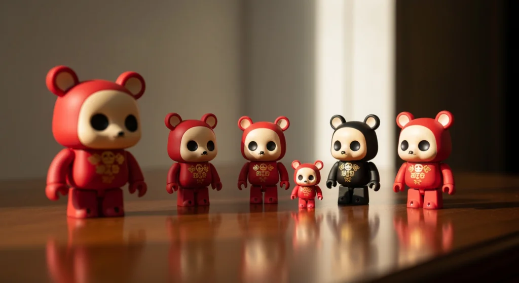 農曆春節 SKULLPANDA 限定款系列公仔在木桌上展示的收藏情境
